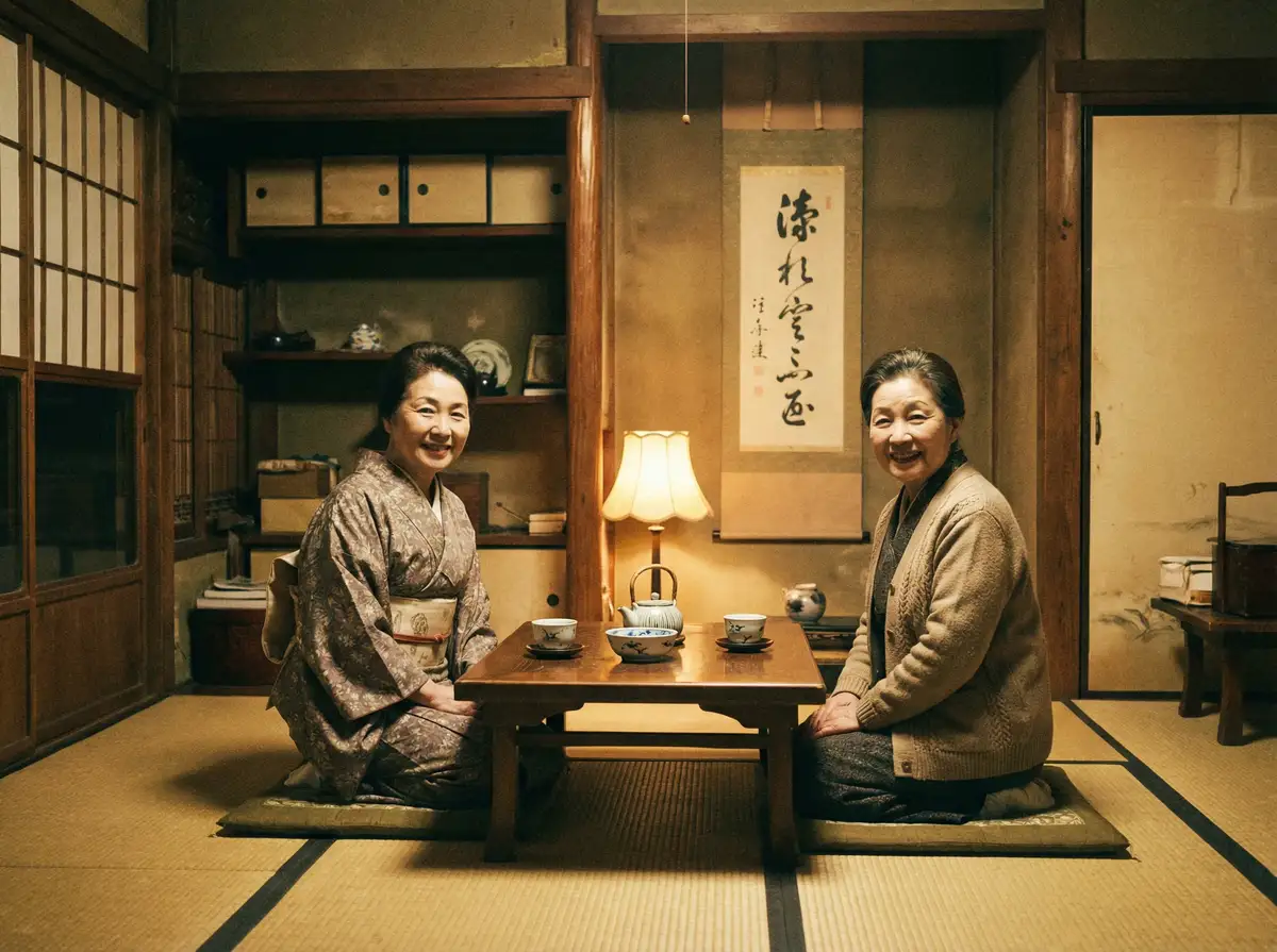 两位优雅的 抖阳 在日式茶室中品茶交谈